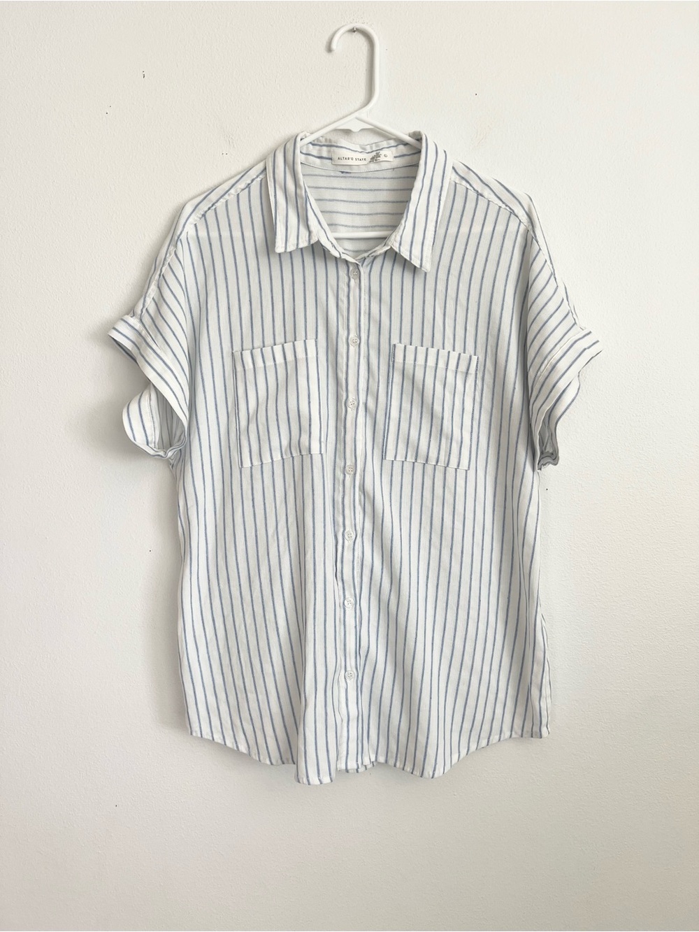 Altard State Blue White Stripe Button Down Top Short Sleeve Coastal Boho Shirt L